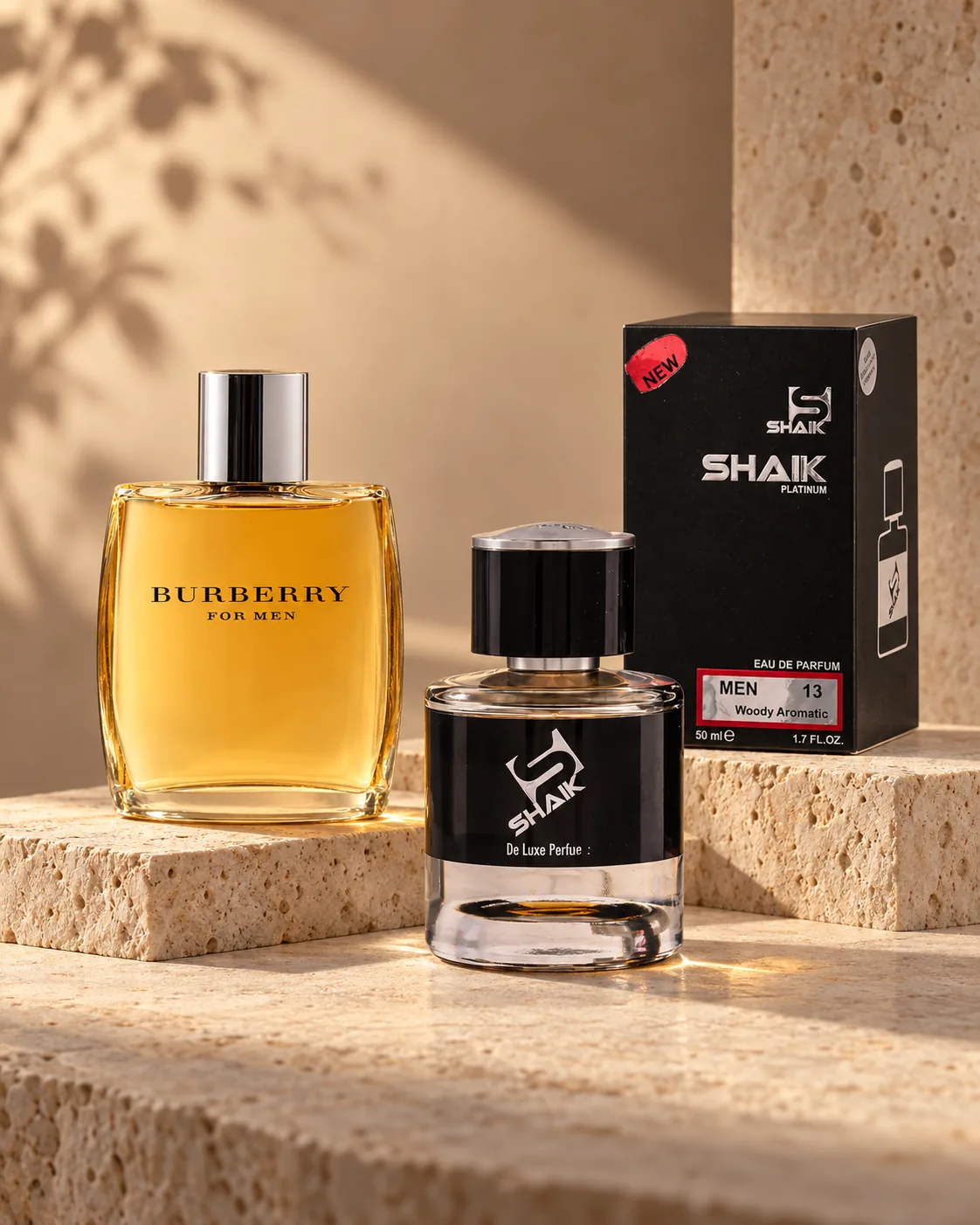 Shaik M 13 bottle and box beside Burberry Men, the fragrance that inspired it