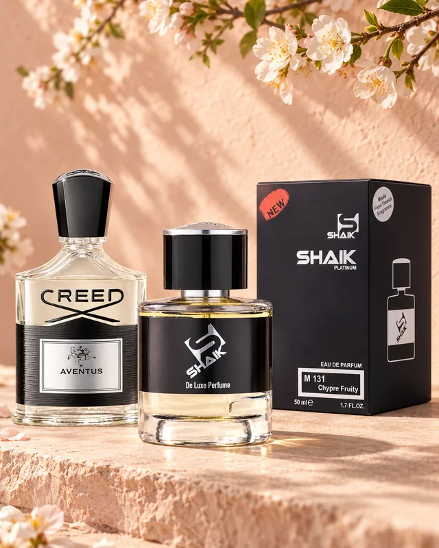 Shaik M 131 bottle and box beside Creed Aventus, the fragrance that inspired it