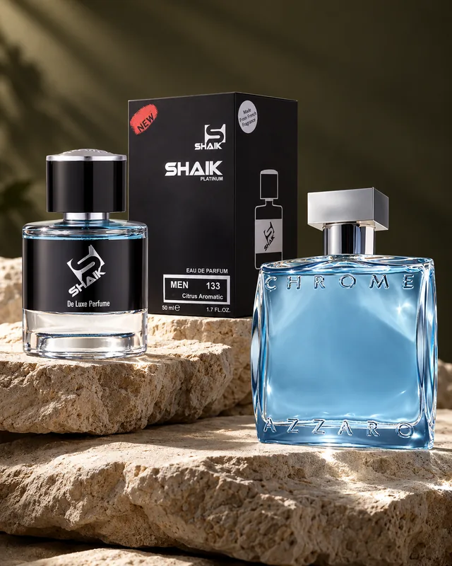 Shaik M 133 bottle and box beside Azzaro Chrome, the fragrance that inspired it