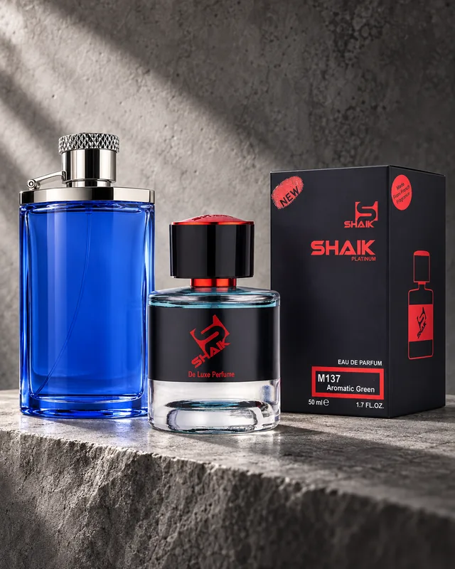 Shaik M 137 bottle and box beside Dunhill Desire Blue, the fragrance that inspired it