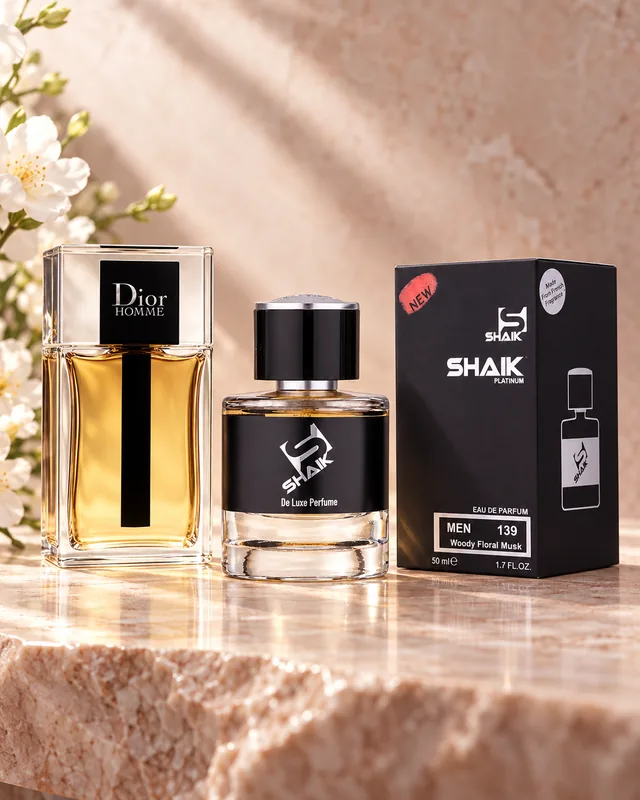 Shaik M 139 bottle and box beside Dior Homme, the fragrance that inspired it