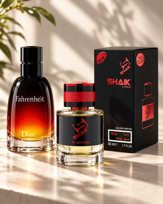 Shaik M 141 bottle and box beside Dior Fahrenheit Le Parfum, the fragrance that inspired it