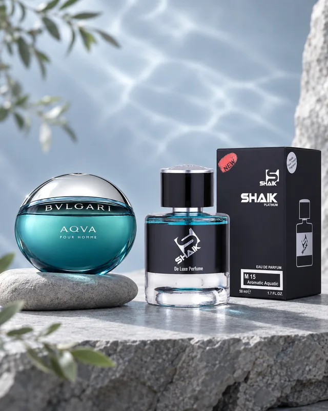 Shaik M 15 bottle and box beside Bvlgari Aqua Pour Homme, the fragrance that inspired it