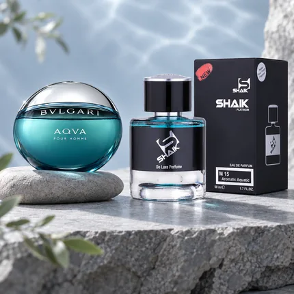 Shaik M 15 bottle and box beside Bvlgari Aqua Pour Homme, the fragrance that inspired it