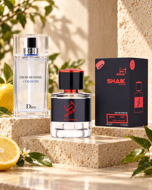 Shaik M 157 bottle and box beside Dior Homme Cologne 2013, the fragrance that inspired it