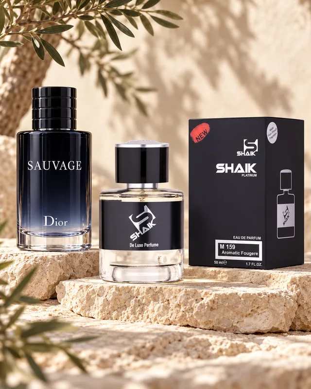 Shaik M 159 bottle and box beside Dior Sauvage, the fragrance that inspired it