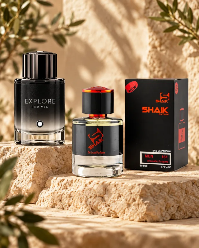 Shaik M 161 bottle and box beside Explore, the fragrance that inspired it