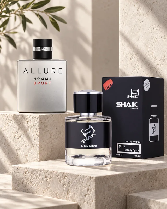 Shaik M 17 bottle and box beside Chanel Allure Homme Sport, the fragrance that inspired it