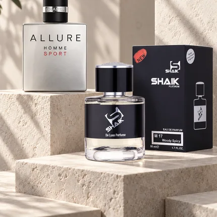 Shaik M 17 bottle and box beside Chanel Allure Homme Sport, the fragrance that inspired it