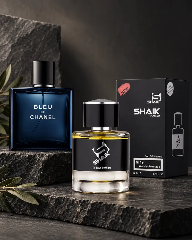 Shaik M 19 bottle and box beside Bleu de Chanel, the fragrance that inspired it