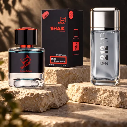 Shaik M 23 bottle and box beside Carolina Herrera 212 VIP, the fragrance that inspired it