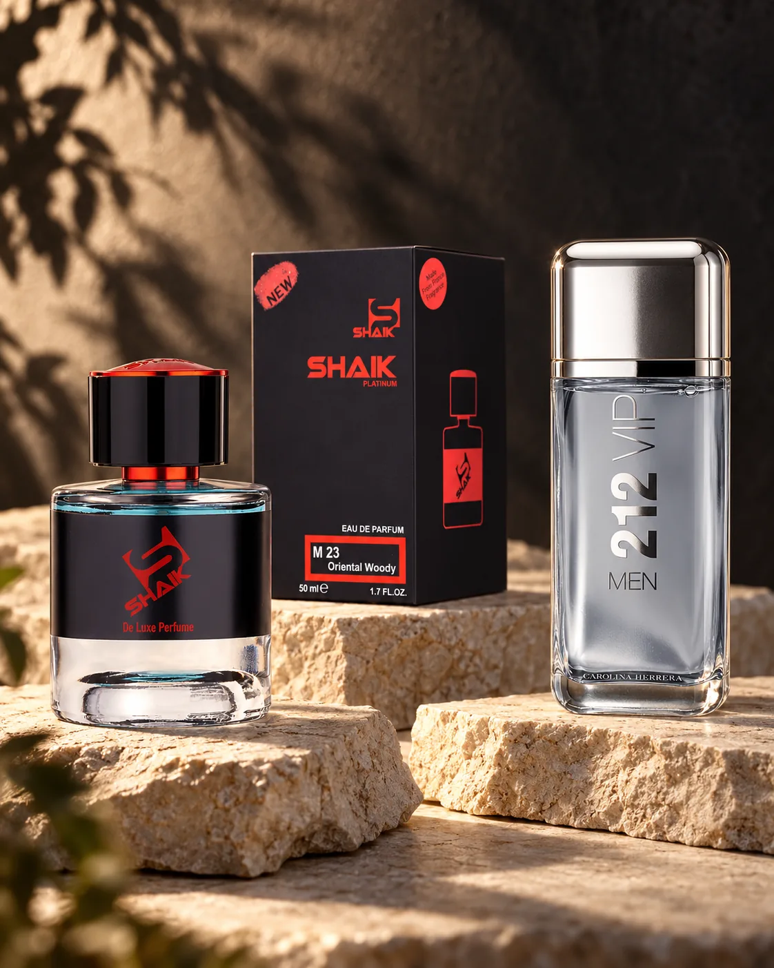 Shaik M 23 bottle and box beside Carolina Herrera 212 VIP, the fragrance that inspired it