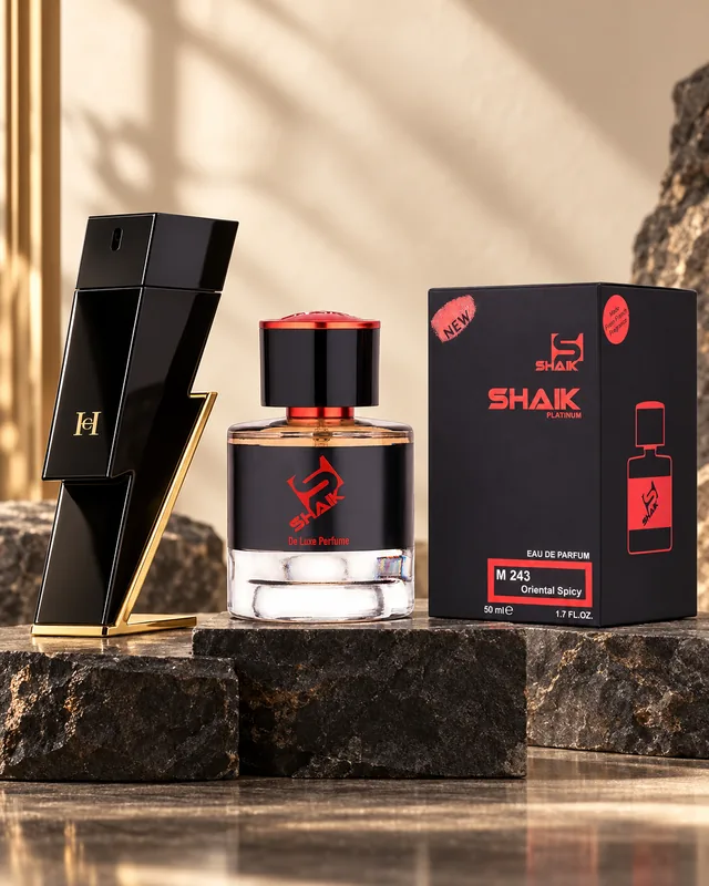 Shaik M 243 bottle and box beside Carolina Herrera Bad Boy, the fragrance that inspired it