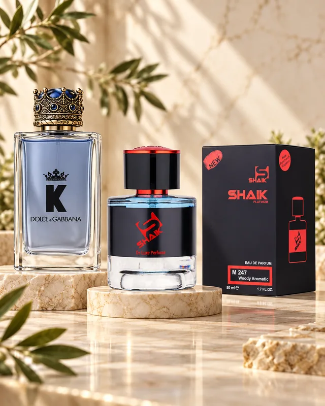 Shaik M 247 bottle and box beside K by Dolce & Gabbana, the fragrance that inspired it