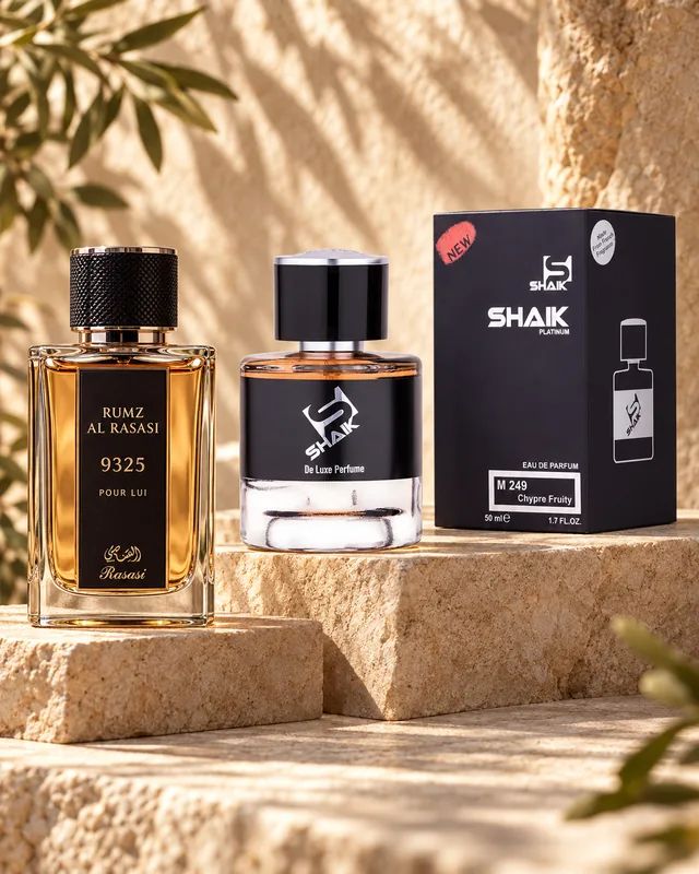 Shaik M 249 bottle and box beside Rumz Al Rasasi 9325 Pour Lui, the fragrance that inspired it