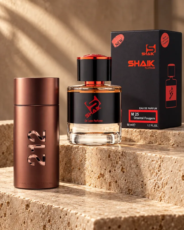 Shaik M 25 bottle and box beside Carolina Herrera 212 Sexy, the fragrance that inspired it