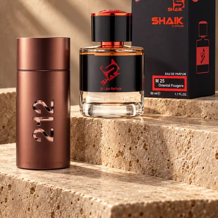 Shaik M 25 bottle and box beside Carolina Herrera 212 Sexy, the fragrance that inspired it