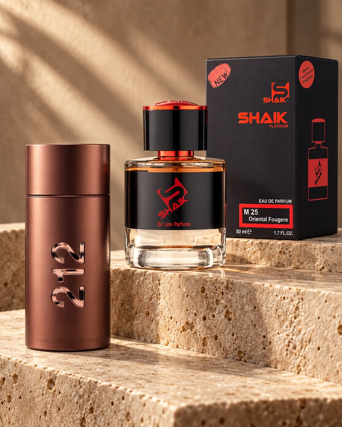 Shaik M 25 bottle and box beside Carolina Herrera 212 Sexy, the fragrance that inspired it