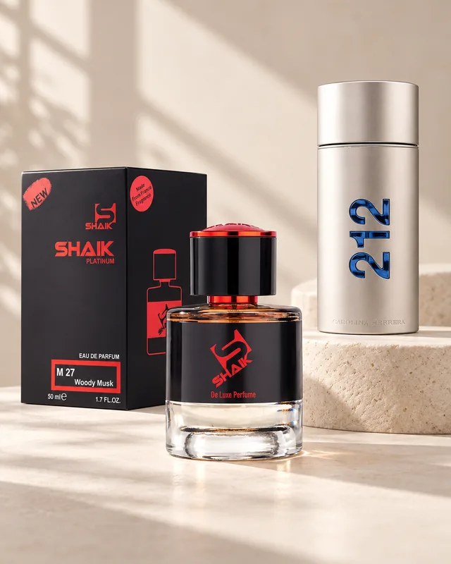 Shaik M 27 bottle and box beside Carolina Herrera 212, the fragrance that inspired it