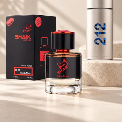 Shaik M 27 bottle and box beside Carolina Herrera 212, the fragrance that inspired it