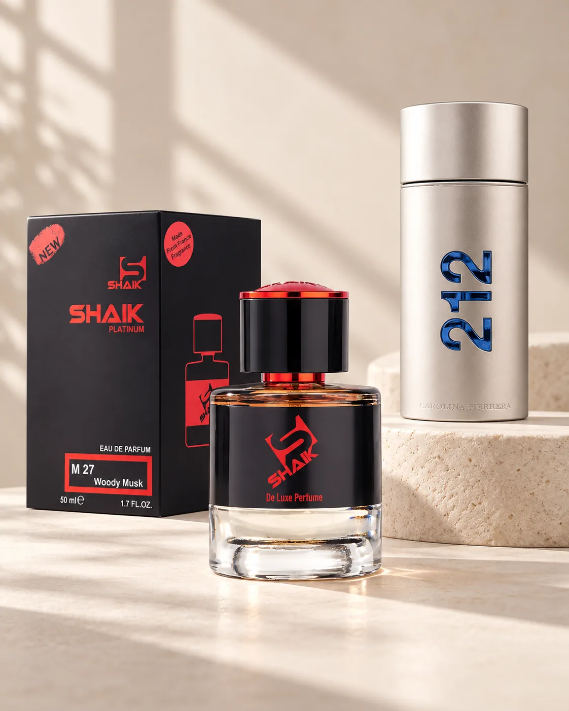 Shaik M 27 bottle and box beside Carolina Herrera 212, the fragrance that inspired it