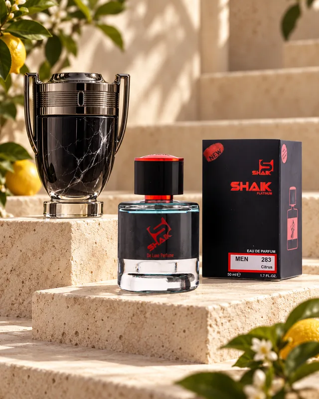 Shaik M 283 bottle and box beside Paco Rabanne Invictus Onyx Collector Edition, the fragrance that inspired it