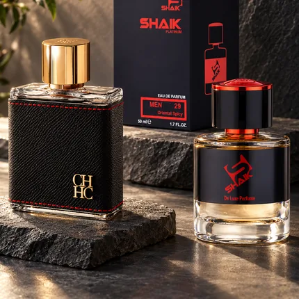 Shaik M 29 bottle and box beside Carolina Herrera CH, the fragrance that inspired it