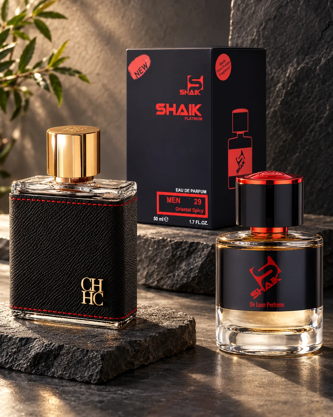 Shaik M 29 bottle and box beside Carolina Herrera CH, the fragrance that inspired it
