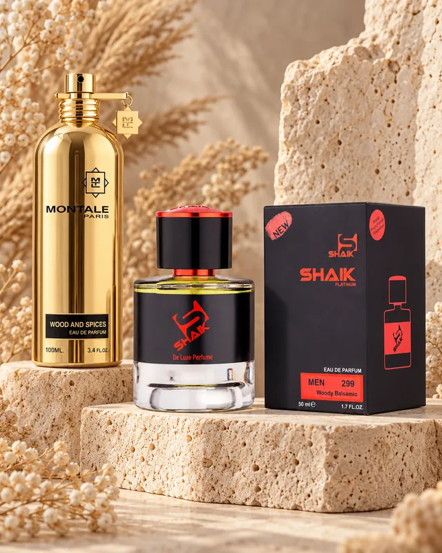 Shaik M 299 bottle and box beside Montale Wood & Spices, the fragrance that inspired it