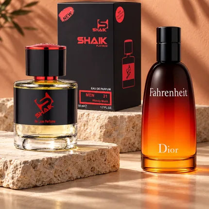 Shaik M 31 bottle and box beside Dior Fahrenheit, the fragrance that inspired it