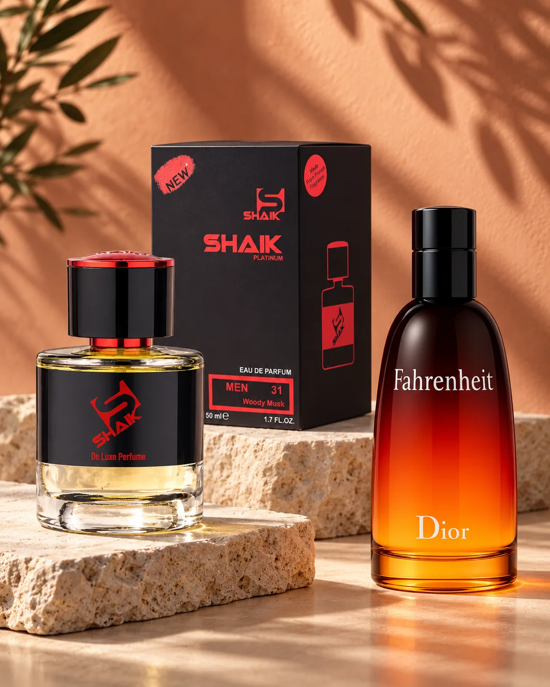 Shaik M 31 bottle and box beside Dior Fahrenheit, the fragrance that inspired it