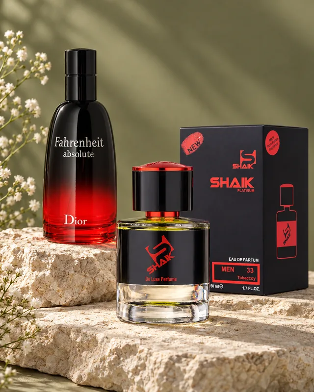 Shaik M 33 bottle and box beside Dior Fahrenheit Absolute, the fragrance that inspired it