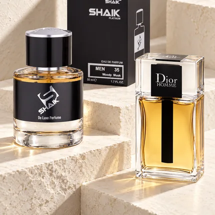 Shaik M 35 bottle and box beside Dior Homme, the fragrance that inspired it