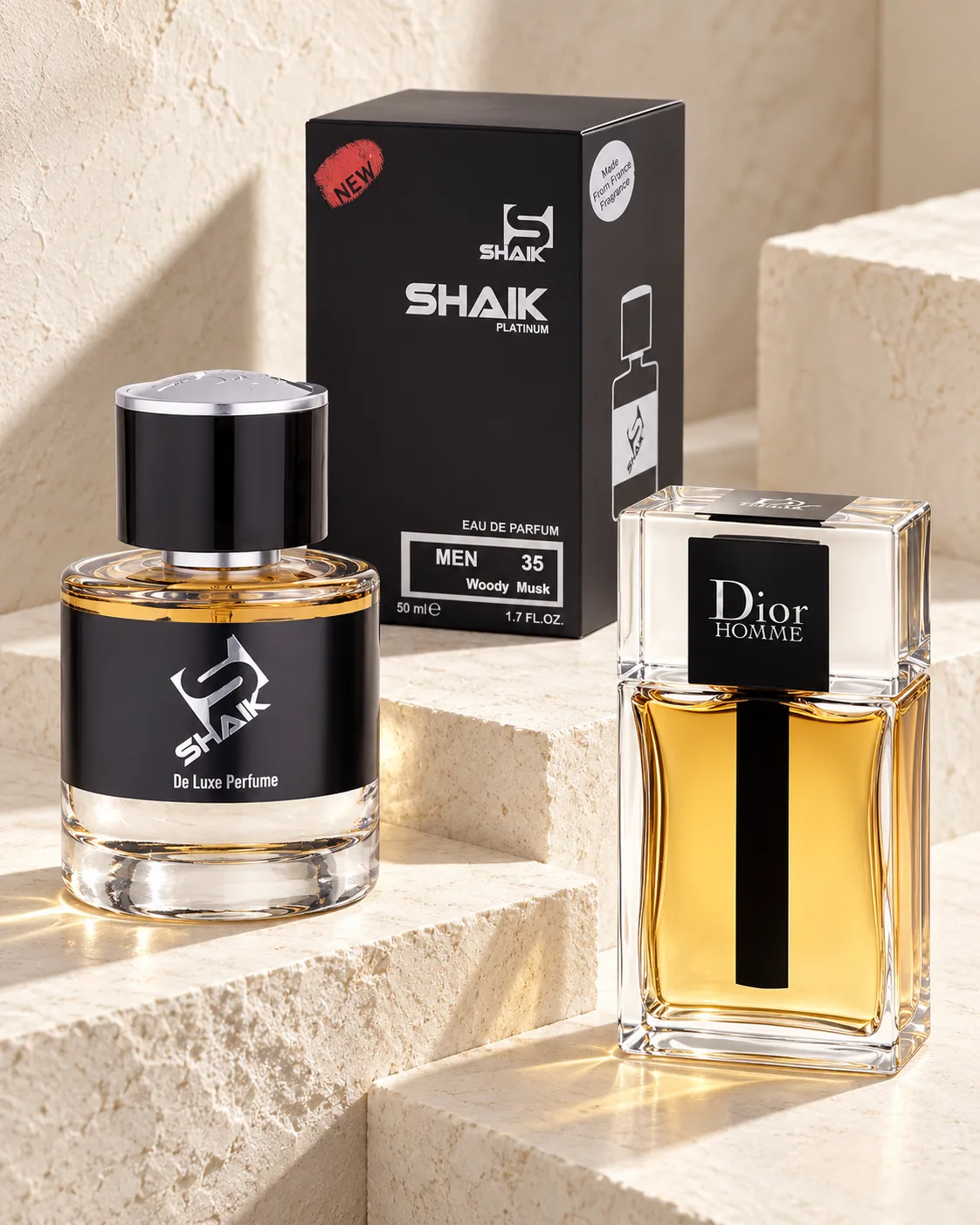 Shaik M 35 bottle and box beside Dior Homme, the fragrance that inspired it