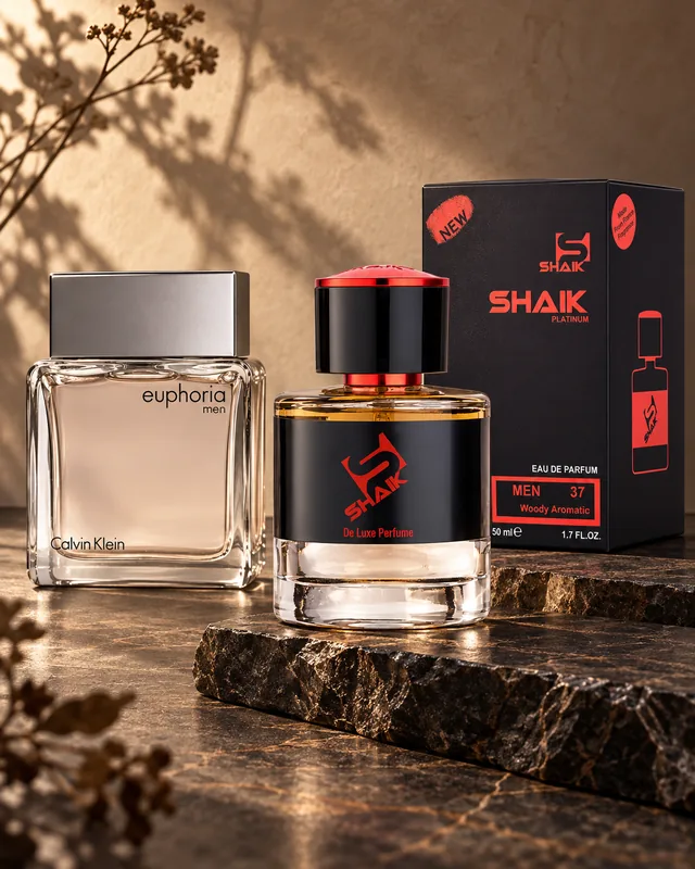 Shaik M 37 bottle and box beside Calvin Klein Euphoria Men, the fragrance that inspired it