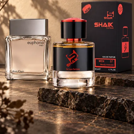 Shaik M 37 bottle and box beside Calvin Klein Euphoria Men, the fragrance that inspired it