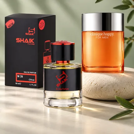 Shaik M 39 bottle and box beside Clinique Happy, the fragrance that inspired it