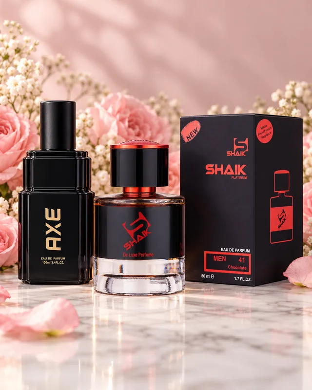 Shaik M 41 bottle and box beside Axe Chocolate Caramel, the fragrance that inspired it