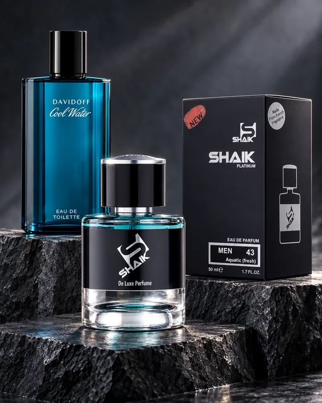Shaik M 43 bottle and box beside Davidoff Cool Water, the fragrance that inspired it