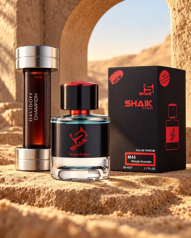Shaik M 45 bottle and box beside Davidoff Champion, the fragrance that inspired it