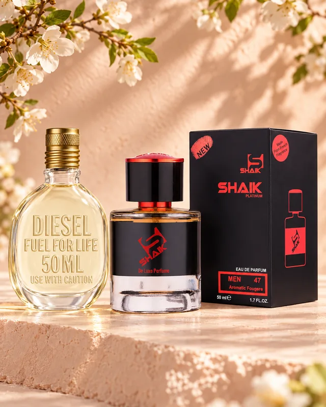 Shaik M 47 bottle and box beside Diesel Fuel for Life, the fragrance that inspired it