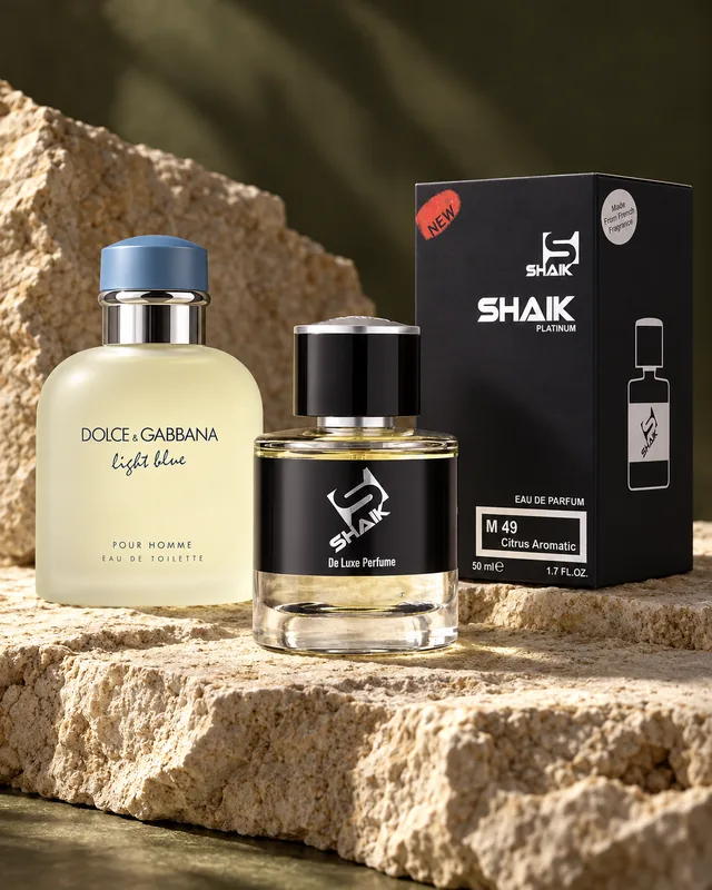 Shaik M 49 bottle and box beside Dolce & Gabbana Light Blue Pour Homme, the fragrance that inspired it