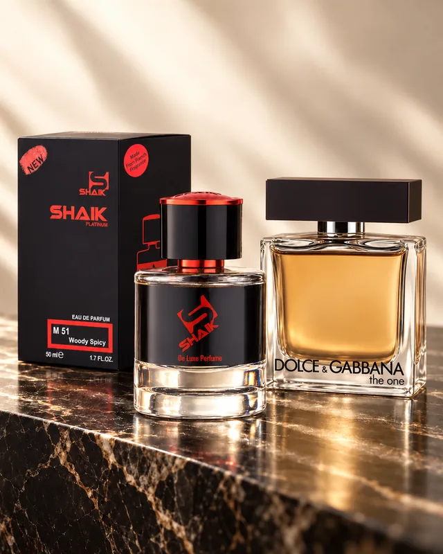 Shaik M 51 bottle and box beside Dolce & Gabbana The One, the fragrance that inspired it