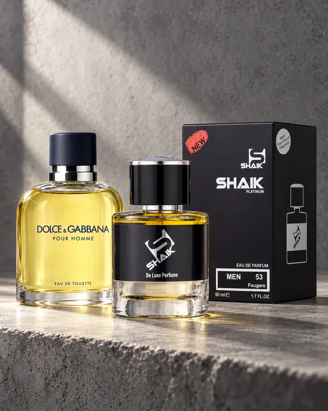 Shaik M 53 bottle and box beside Dolce & Gabbana Pour Homme, the fragrance that inspired it