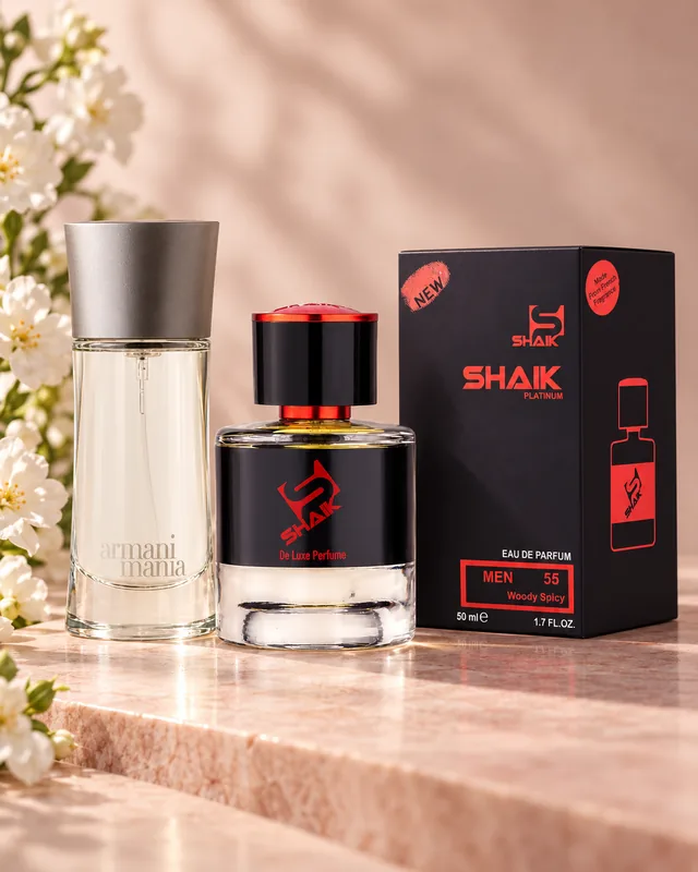 Shaik M 55 bottle and box beside Armani Mania, the fragrance that inspired it