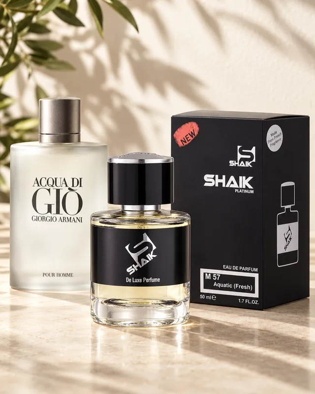 Shaik M 57 bottle and box beside Giorgio Armani Acqua di Giò, the fragrance that inspired it