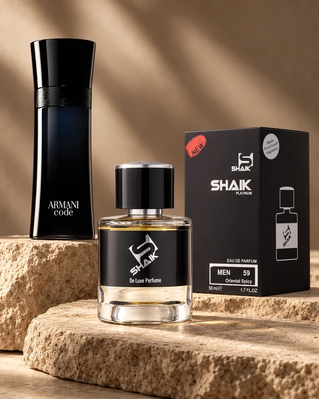 Shaik M 59 bottle and box beside Armani Code, the fragrance that inspired it