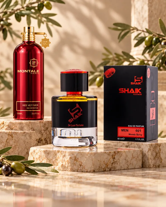 Shaik M 601 bottle and box beside Montale Red Vetyver, the fragrance that inspired it