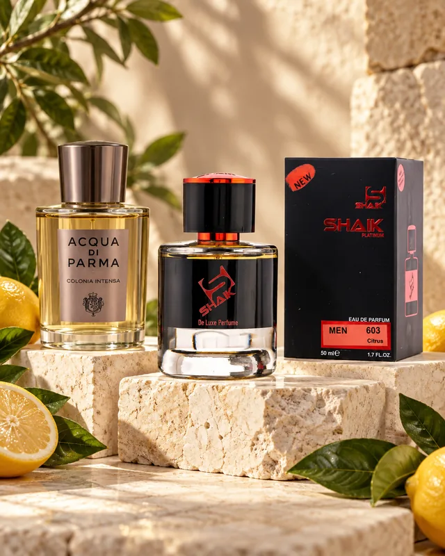 Shaik M 603 bottle and box beside Acqua di Parma Colonia Intensa, the fragrance that inspired it