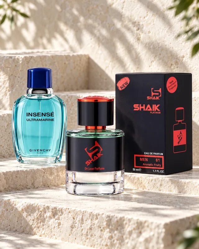 Shaik M 61 bottle and box beside Givenchy Insense Ultramarine, the fragrance that inspired it
